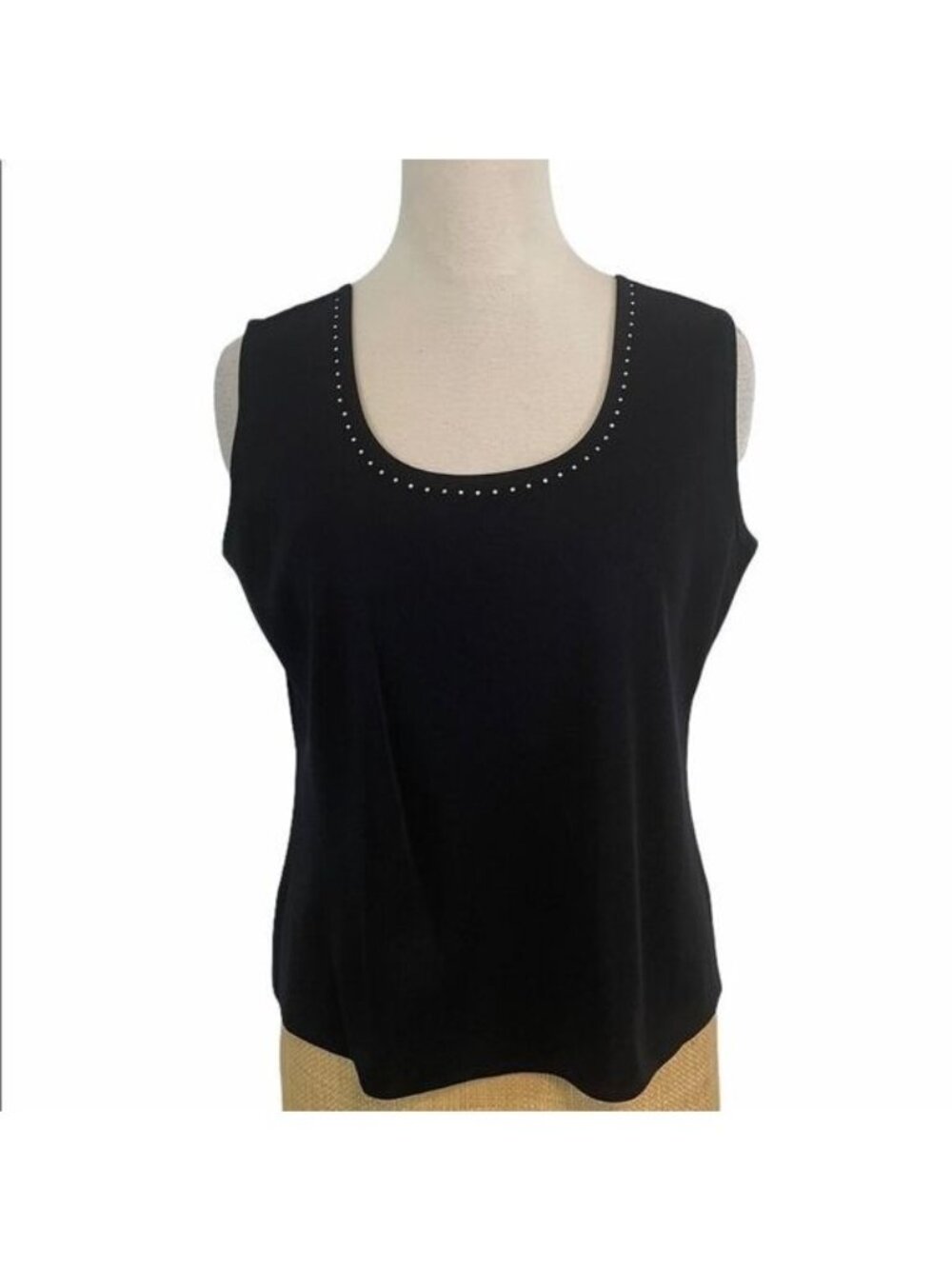 Misook Sleeveless Black Top Rhinestone Trim Large